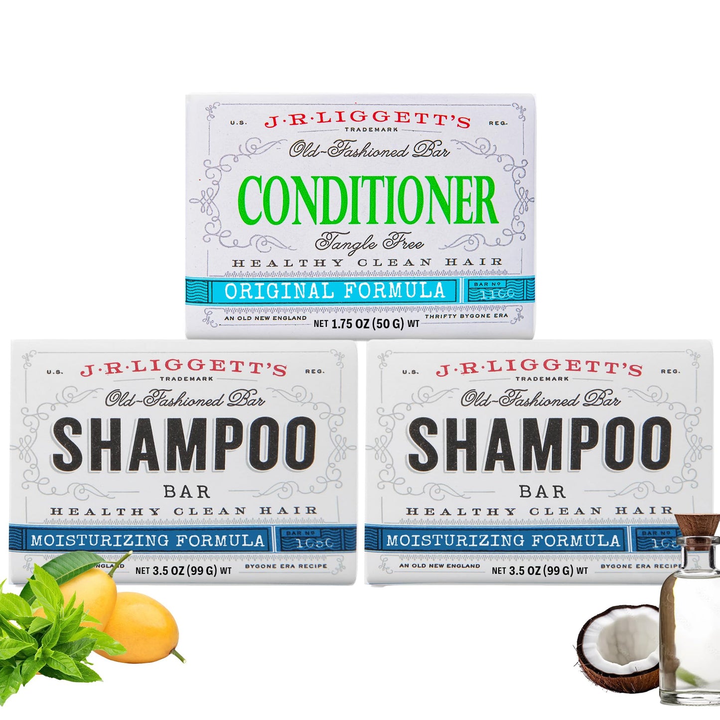 J.R.LIGGETT’S Shampoo Bars and Conditioner Set - Conditioner Bar 1.75oz + Two Moisturizing Formula Shampoo Bars 3.5oz - All-Natural Ingredients for Hair Clean, Soft, Tangle-Free - Made in the USA