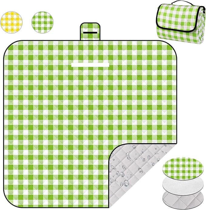 78.7''x78.7'' Extra Large Picnic Beach Blankets, 3 Layers Plaid Waterproof Thickened Foldable Camping Blanket, All-in-one Portable Mat, Suitable for Park, Camping, Outdoor Indoor, Green