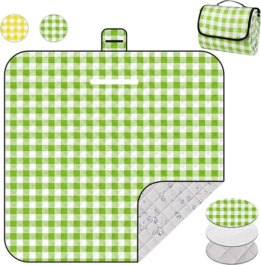 78.7''x78.7'' Extra Large Picnic Beach Blankets, 3 Layers Plaid Waterproof Thickened Foldable Camping Blanket, All-in-one Portable Mat, Suitable for Park, Camping, Outdoor Indoor, Green