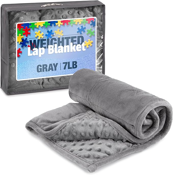 7lb Weighted Blanket (Grey) – Plush Minky Lap Pad with Sensory Support for Autism or ADHD, Giftable Weighted Blanket with Travel Bag for Ages 6–12