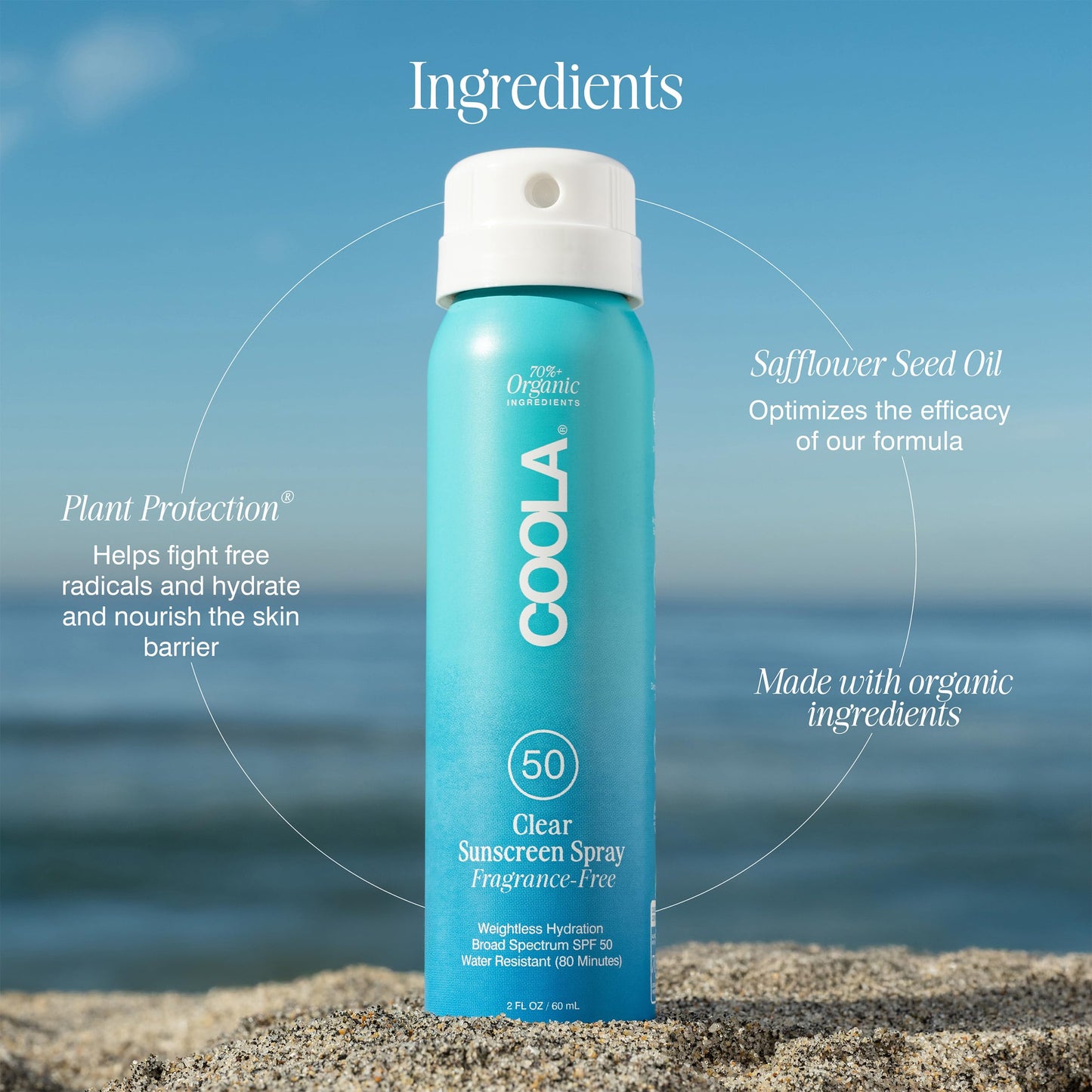 COOLA Organic Sunscreen SPF 50 Sunblock Spray, Dermatologist Tested Skin Care for Daily Protection, Vegan and Gluten Free, Fragrance Free, 2 Fl Oz
