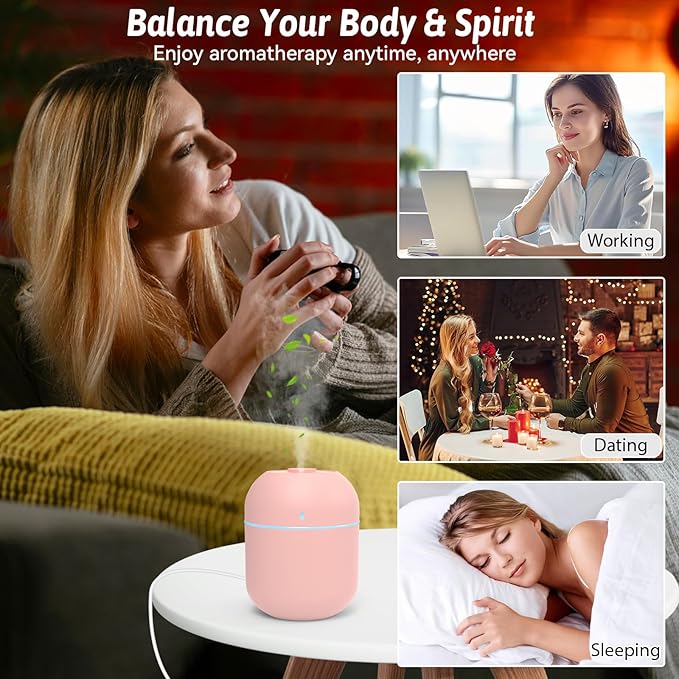 220ml Mini Essential Oil Diffuser for Desk, Small Humidifiers for Bedroom Aromatherapy Diffusers for Home Fragrance Aroma Diffuser with Night Light & Auto-Off Pink