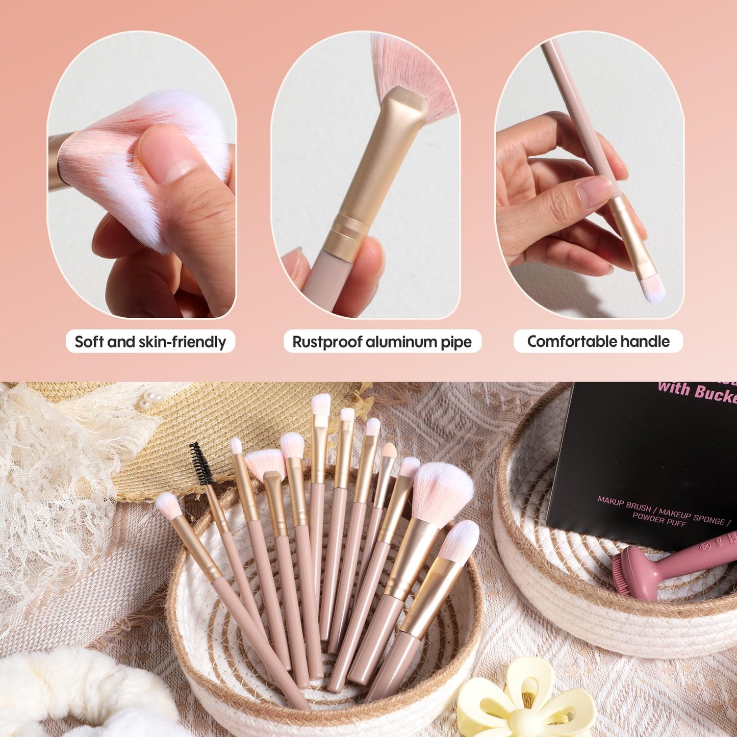 BS-MALL Travel Makeup Brush Set 23 Pcs,with Hair Ties, Clips & Dual-Head Silicone Face Mask Brush for Flawless Makeup For Girls Party Bedroom