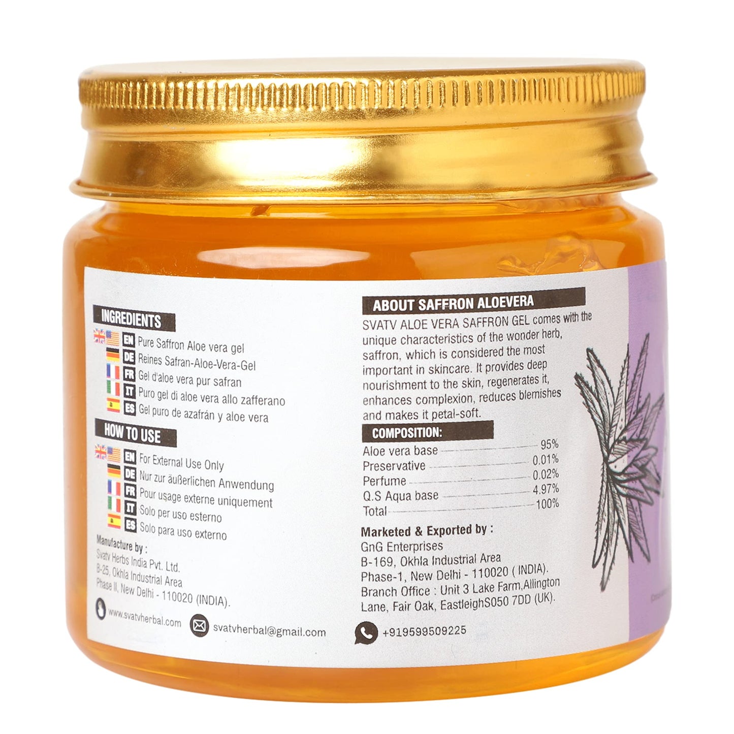 SVATV Saffron Aloe Vera Gel | Soothing Skin Hydration | Perfect for Sunburn | Paraben & Sulfate Free - 200g