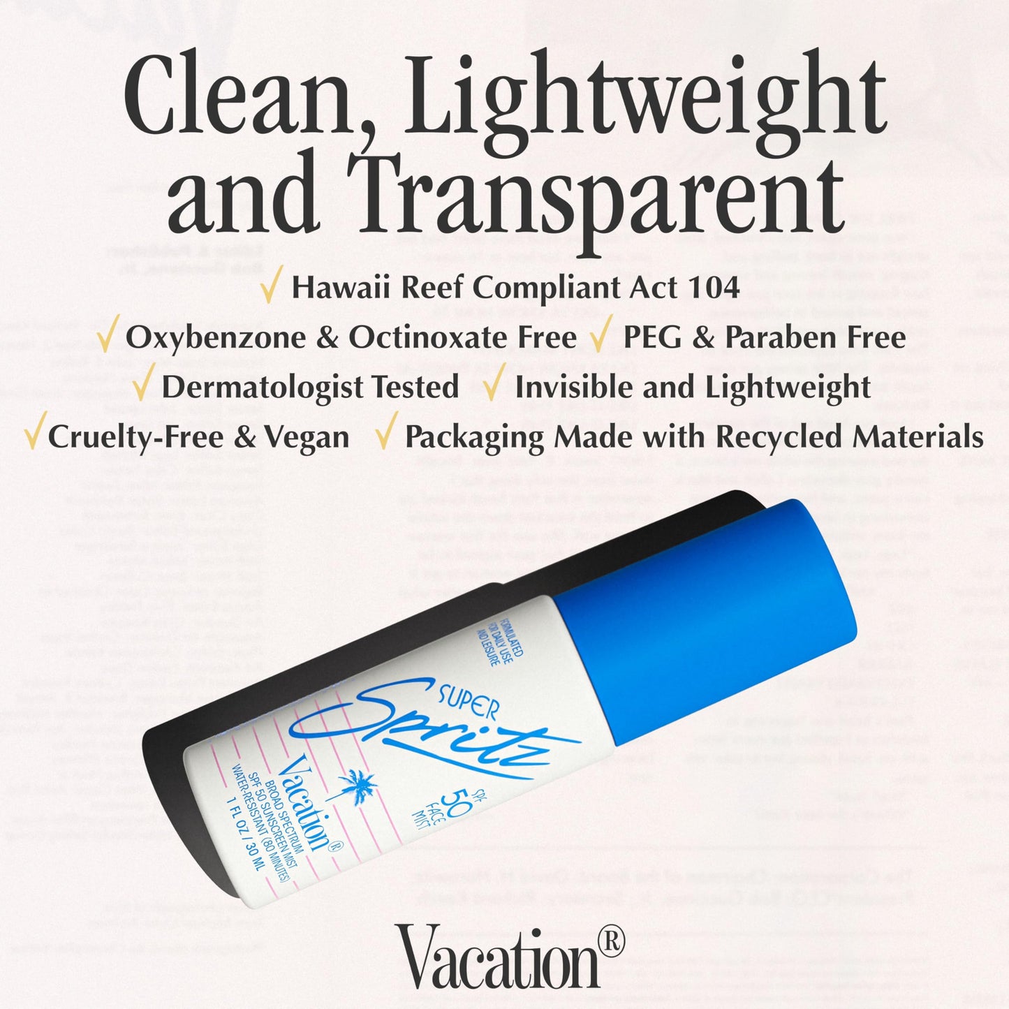 Vacation Mini Super Spritz SPF 50, Water-Resistant, Daily Face Sunscreen Spray, Mini Setting Spray, Non-Comedogenic, Vegan, Travel Size, 1 Fl. Oz. (Value Pack of 6)