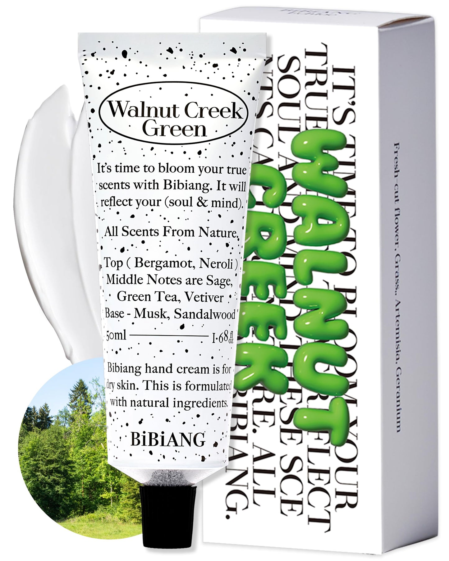 BiBiANG Walnut Creek Green Hand Cream - Korean Hand Care for Moisturizing & Nourishment - Hydrating Hand Care Formula with Forest Bergamot Scent, Shea Butter & Niacinamide - 1.69oz