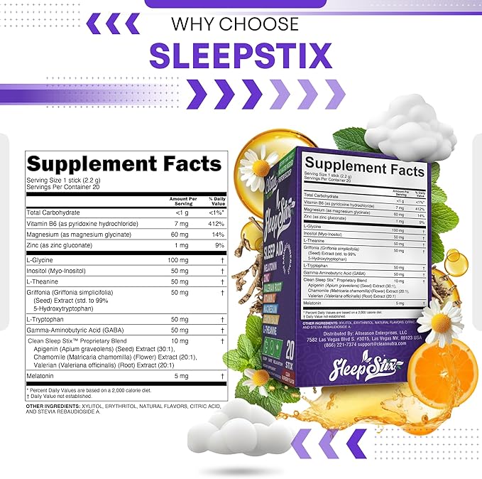 Sleep Aid Melatonin Powder Tryptophan Glycine Valerian Root Magnesium For Sleep Lemon Balm L Theanine Magnesium Glycinate Zinc Sleep Aid Myo Inositol GABACalm B6 5 HTP Stress Relief 20 Stix