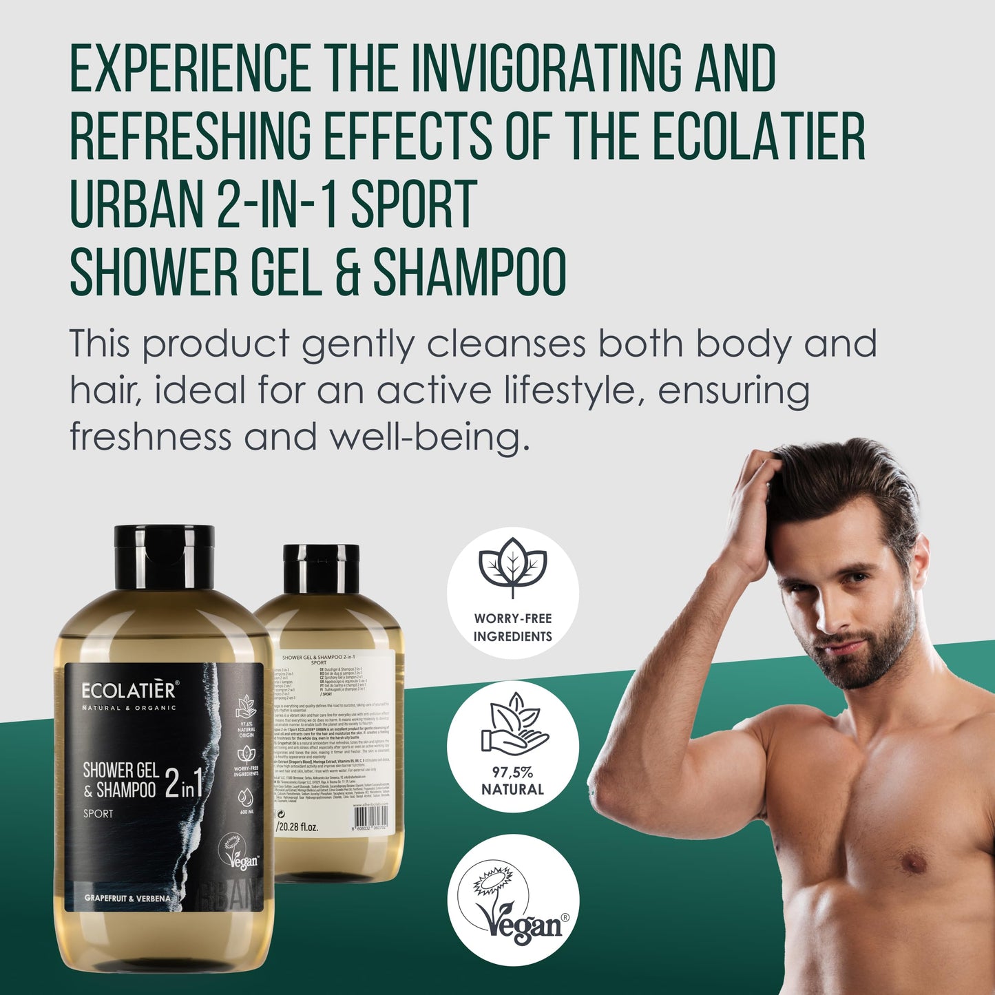 2-in-1 Body Wash Men & Shampoo Men - Sport Formula, Natural Body Wash & Hair Cleanser, 97.5% Natural Ingredients, Vegan, Refreshing & Hydrating for Active Lifestyles, 20.3 Fl Oz