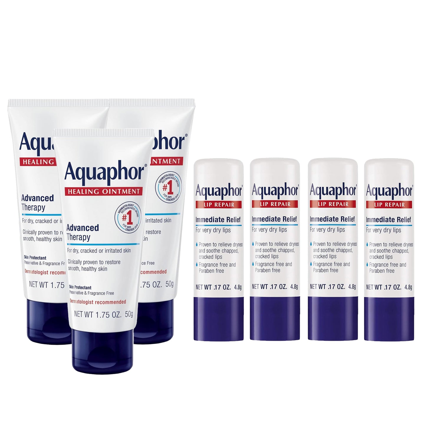 Aquaphor Skin Care Set, Healing Ointment & Lip Repair Sticks, Multi-Purpose Moisturizer for Dry Skin & Chapped Lips, 3x1.75 Oz Tube + 4x0.17 Oz Stick