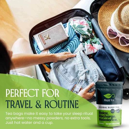 MagniTea Herbal Sleep Aid Magnesium Glycinate Muscle Relaxation Tea Ritual Valerian Root Bedtime Solution Natural Alternative KETO Friendly Vegan Certified Zero Sugar Chamomile Blend Stress Relief Melatonin Free