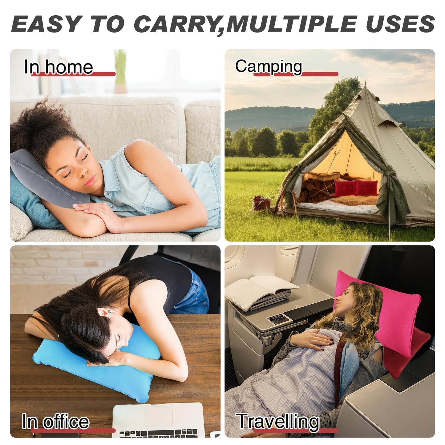 Geelin 12 Pack Inflatable Travel Pillow Squared Flocked Fabric Air Pillow Ultralight, Compact and Comfortable for Traveling, Camping, Hiking, Napping, Desk Rest, Neck Lumbar Support (16.93 × 10.63)