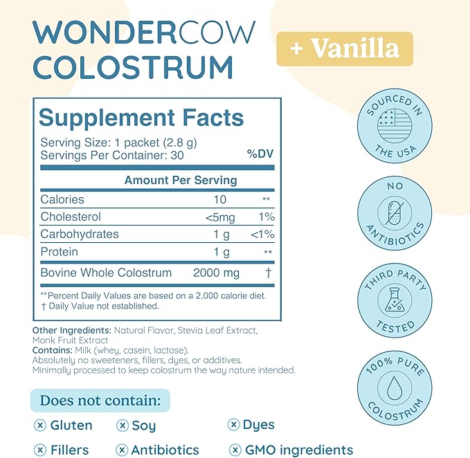 Colostrum Supplement Powder for Gut Health, Immune Support, Muscle Recovery & Wellness | Natural IgG Pure Whole Bovine Colostrum Superfood, Vanilla, 30 Servings
