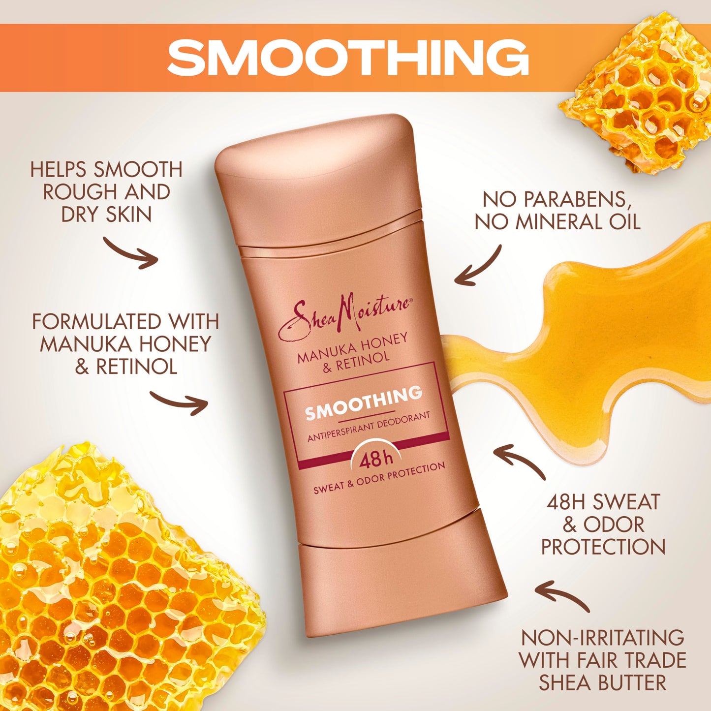 SheaMoisture Antiperspirant Deodorant Stick Smoothing Manuka Honey & Retinol (Pack of 2) for 48HR Sweat & Odor Protection with No Parabens & No Mineral Oil 2.6 oz