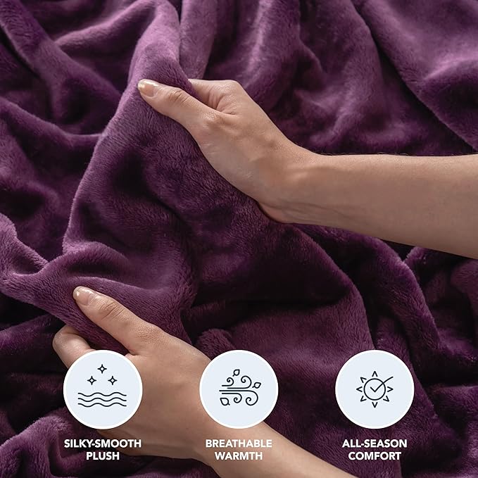 Berkshire Blanket Classic VelvetLoft® Solid Throw Blanket, Lightweight Soft Fuzzy Plush Throw Blanket for Bed and Couch, Eggplant Purple, 50x60 Inches