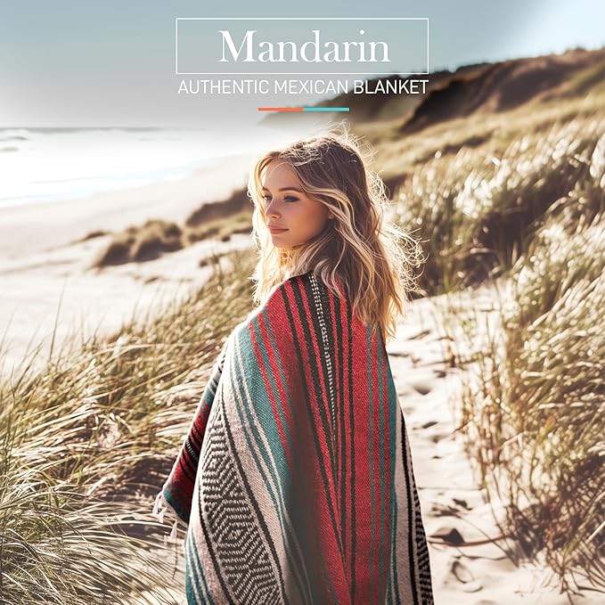 Authentic Large Handwoven Mexican Blanket - Soft Yoga - Durable Serape - Lightweight Falsa, Beach, Camping, Picnic, Outdoor 70"x50" - Mandarin