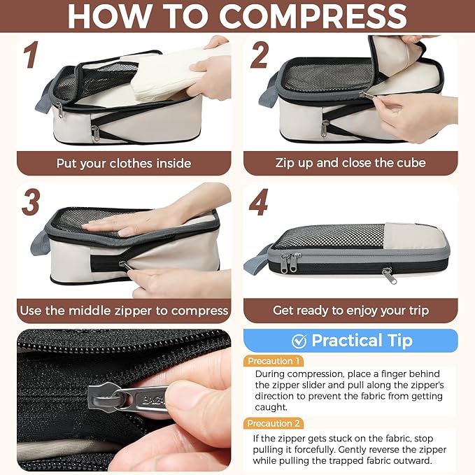 BAGAIL 4 Set/6 Set/8 Set Compression Packing Cubes Travel Accessories Expandable Packing Organizers (Half Mesh, 8-Beige)