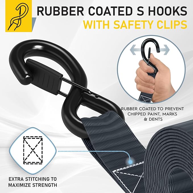 AUGO Heavy Duty Ratchet Straps & Soft Loops – Pack of 4 Extra Strong 1.5” by 10’ Ratchet Straps w/S-Hook Safety Latches & 4 Soft Loop Tie Downs – 4400Lb Break Strength for Motorcycles, ATVs, Etc.