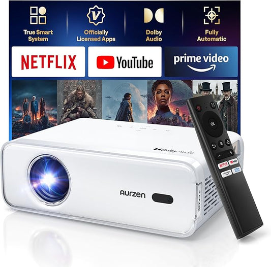 Aurzen EAZZE D1 Smart Projector with WiFi and Bluetooth, Netflix-Officially-Licensed, Auto Focus & Keystone, DoIby Audio, Zoom, Native 1080P Movie, Portable Outdoor Mini Projector, White