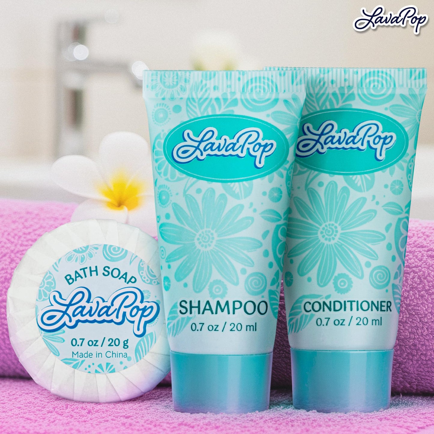 LavaPop - Hotel Soap, Shampoo & Conditioner 3-Piece Set - Iris, Violet & Amber, 0.7 oz each, 150 Pcs - Calming & Comforting Travel Size Amenities - Bulk Toiletries for Airbnb, Motels & Guest Rooms