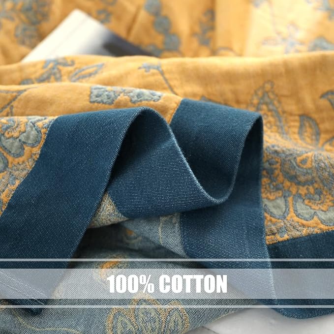 Boho Throw Blanket for Bed 100% Cotton Ultra Soft Rustic Quilt Fall Blanket Floral Printed Farmhouse Decor Bed Blankets,80"×90" All Season Rustic Throw for Sofa Couch Chair