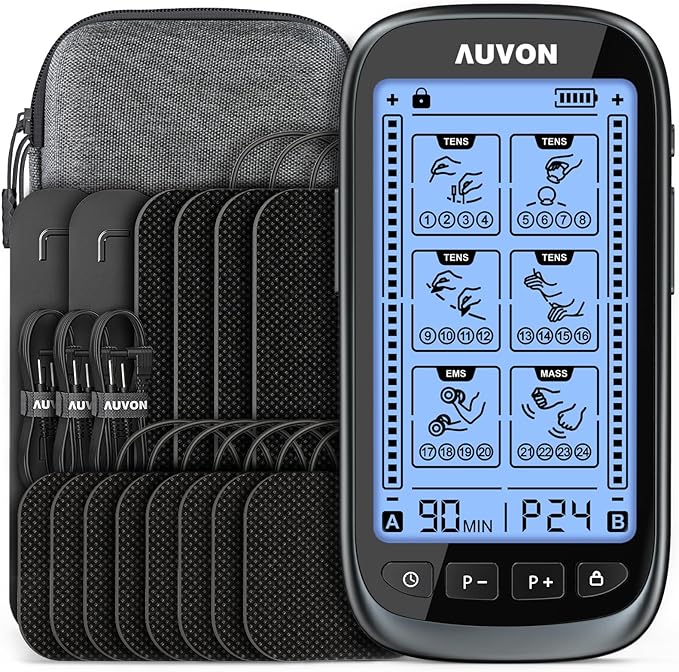 AUVON 3-in-1 TENS Unit Muscle Stimulator, Dual Channel Electronic Pulse Massager, TENS EMS Machine, 24 Modes Muscle Massager for Pain Relief Therapy, EVA Travel Case, 12 Pcs TENS Unit Electrodes Pads