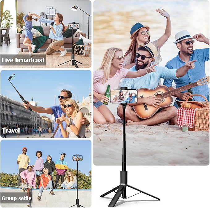 61" Tripod for iPhone, Selfie Stick for iPhone with Wireless Remote, Lightweight Travel Phone Tripod, Phone Stand for Selfie/Video Recording Vlogging, Compatible with Smartphones Android