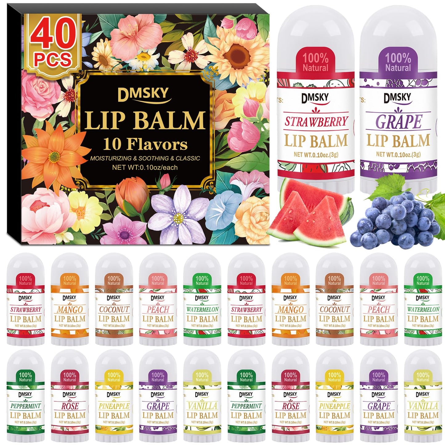 DMSKY 40 Pack Mini Lip Balm, Natural Lip Balm Bulk with Vitamin E and Coconut Oil, Moisturizing Lip Balms for Dry Cracked lips - 10 Flavors