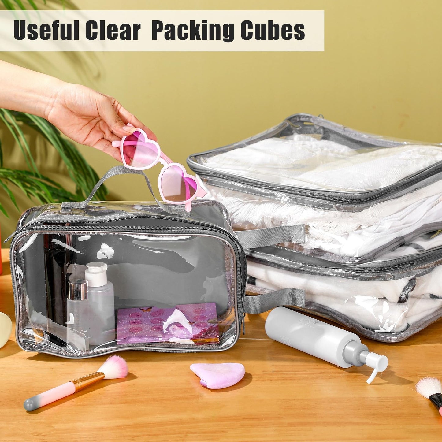 Hillban 6 Pcs Gray Large Clear Travel Packing Cube 3 Sizes See-through PVC Organizer for Suitcase Multipurpose Pouch with Handle Vinyl Zippered Storage Bags Luggage Cube Organizer