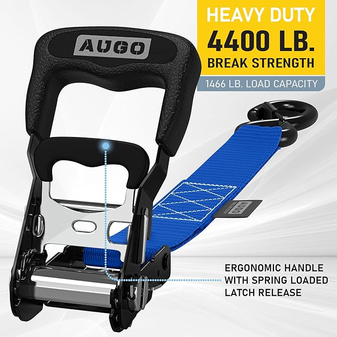 AUGO Heavy Duty Ratchet Straps & Soft Loops – Pack of 4 Extra Strong 1.5” by 15’ Ratchet Straps w/S-Hook Safety Latches & 4 Soft Loop Tie Downs – 4400Lb Break Strength for Motorcycles, ATVs, Etc.