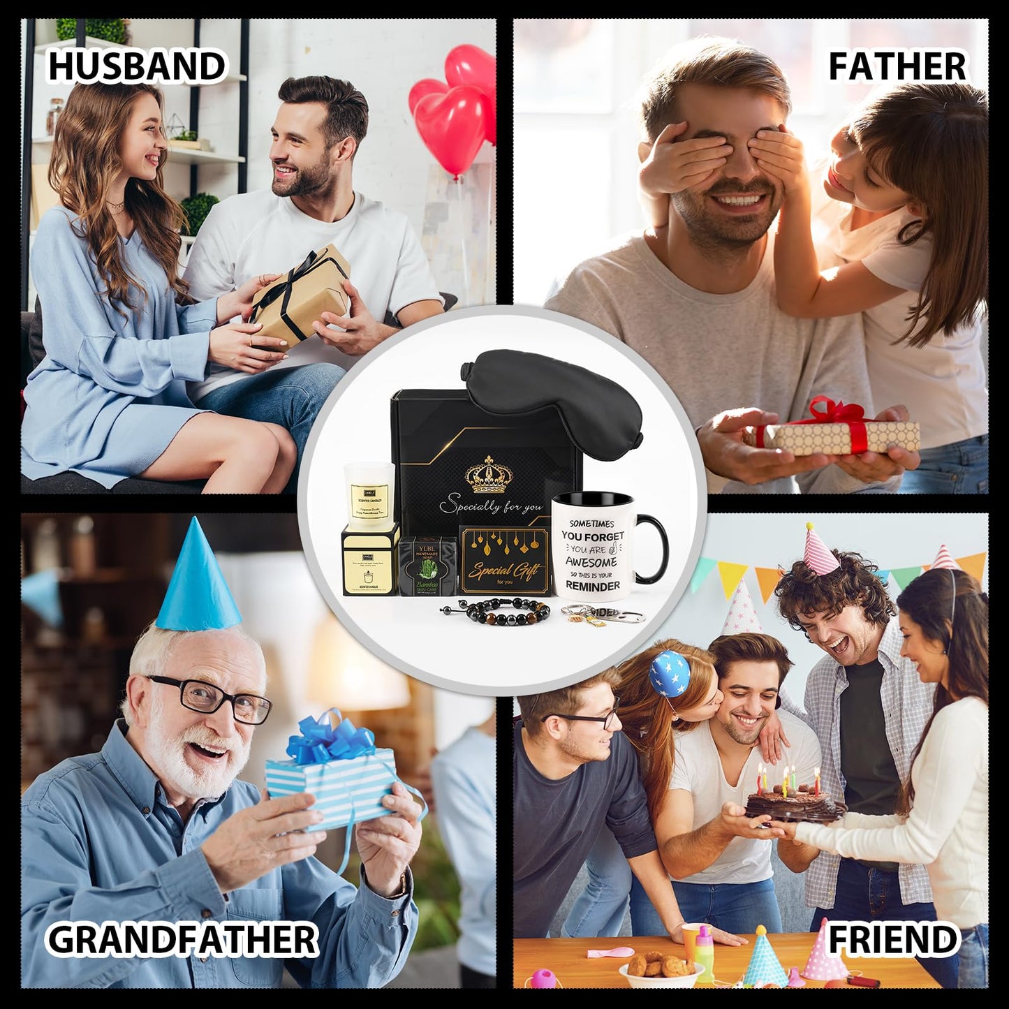 Birthday Gifts for Men,Man Premium Gifts Basket Ideas Set Men's Birthday Gift Box Thank You Gift with Ceramic Mug, Bracelet, Eye mask,Candle for Dad,Son,Boyfriend,Coworker Male Retirement Gifts