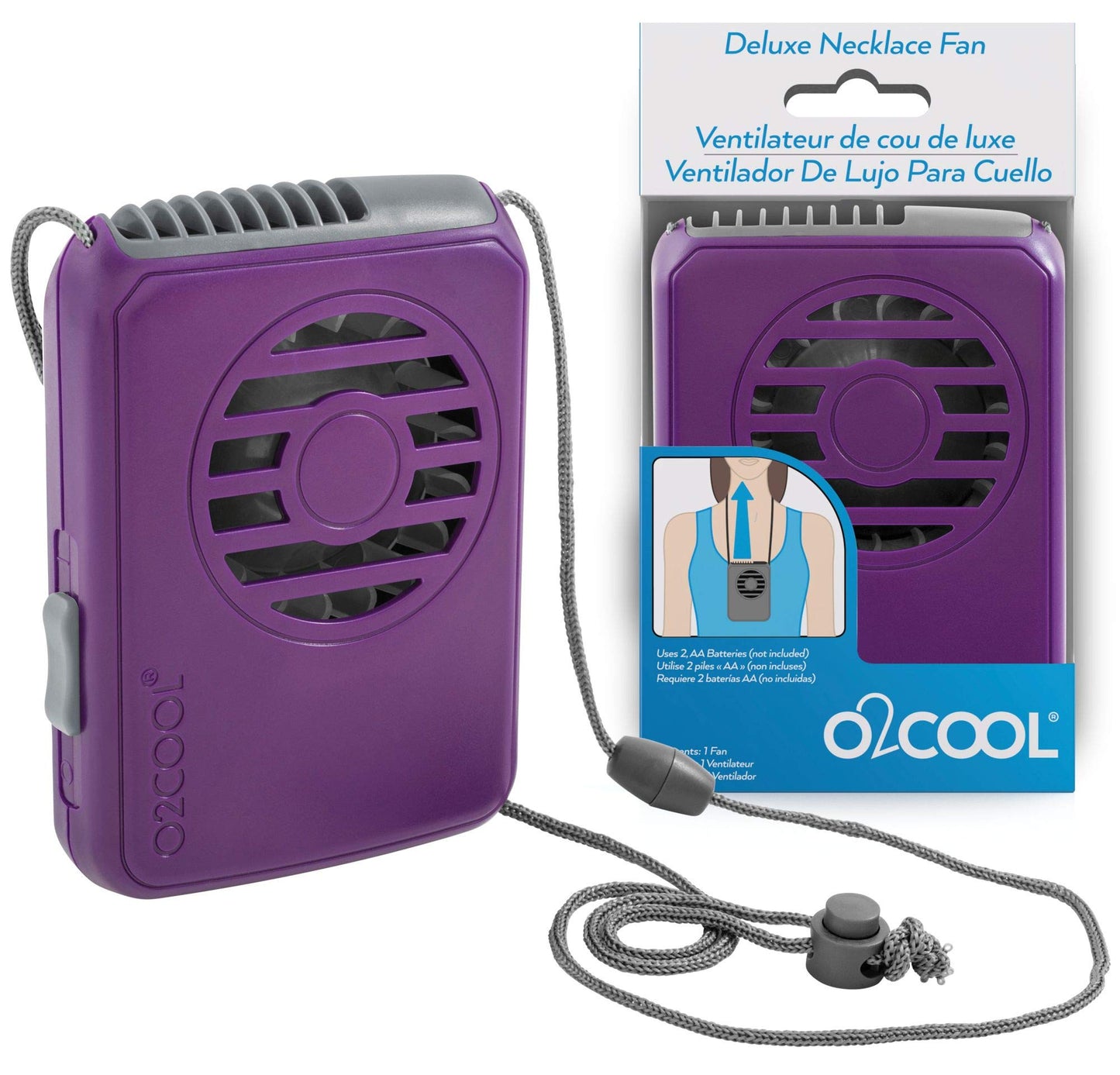 O2COOL Battery Powered Deluxe Necklace Fan For Personal Cooling With Adjustable Lanyard (Purple)