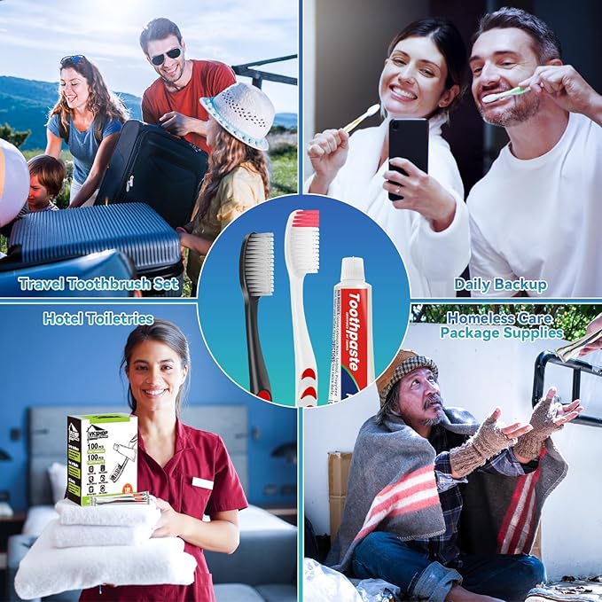 100 Pack Disposable Toothbrush with Toothpaste Set, Individually Wrapped Travel Toothbrushes for Adults & Kids, Portable Soft Bristle Kit for Camping, Hotel, Emergency Use (White, 5g)