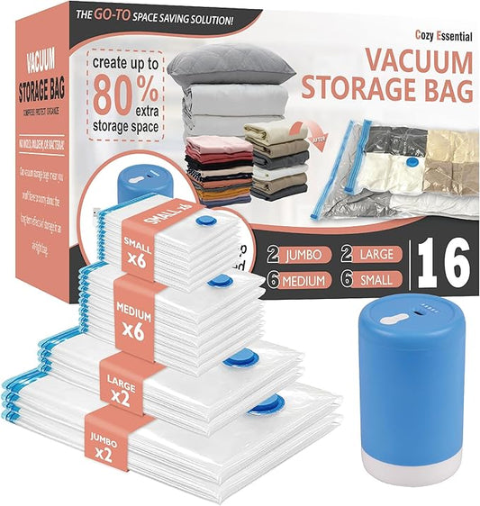 Cozy Essential 16 Pack Vacuum Storage Bags with Electric Pump, Vacuum Seal Space Saver Bags for Clothing, Pillows, Blanket, Bedding, Comforters