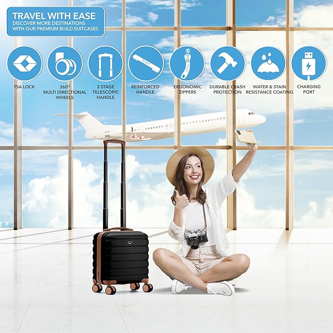 Carry On Suitcase Hardside TSA Lock & USB Port Silent Double Spinner Wheels Maximum Underseat Carry-On Bag For Virgin & South West Approved Airlines( 16.25x13.5x8" ,Black/Tan )