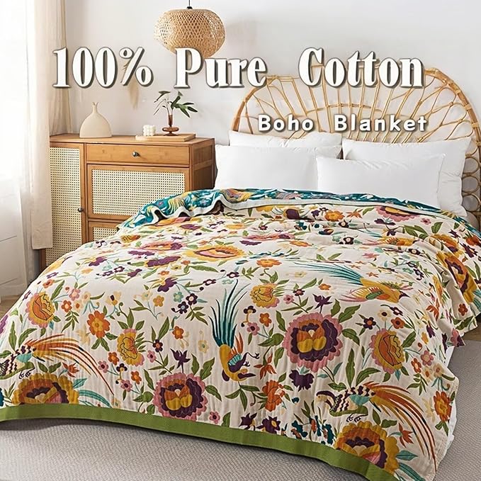 Boho Throw Blanket,100% Cotton Muslin Blankets for Bed,Cozy Fall Throw Blanket,Reversible Bohemian Throw Blankets for Couch,Farmhouse,Golden Phoenix,60"x80"