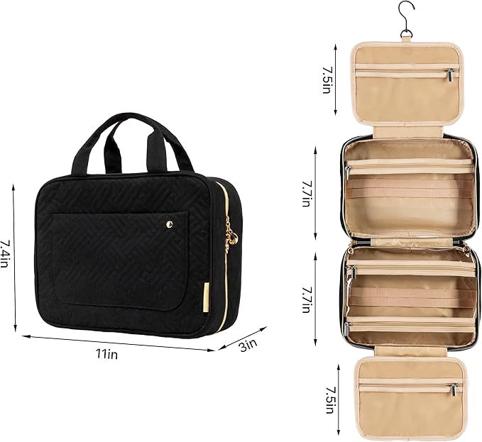 Carrywell |Not Made In China| Hanging Toiletry Travel Bag For Women, Makeup Organizer Case, Water-Resistant Cosmetic Bag For Full-size Containers, Toiletries (Black, Small)