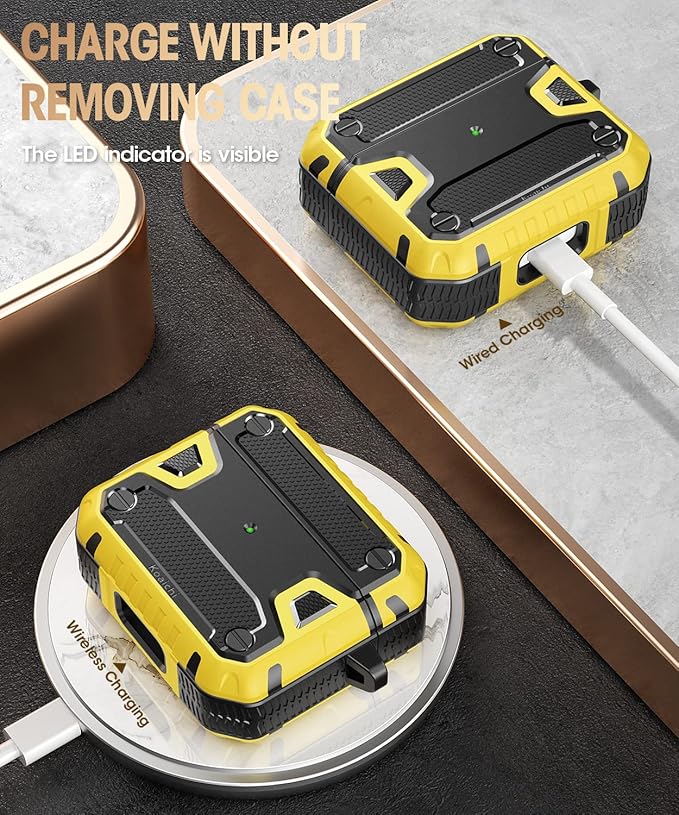 Koaichi Compatible with AirPods 3rd Generation Case(2021), Full-Body Rugged Hard Shell Protective Case Cover with Keychain Designed for AirPods 3, Black/Yellow