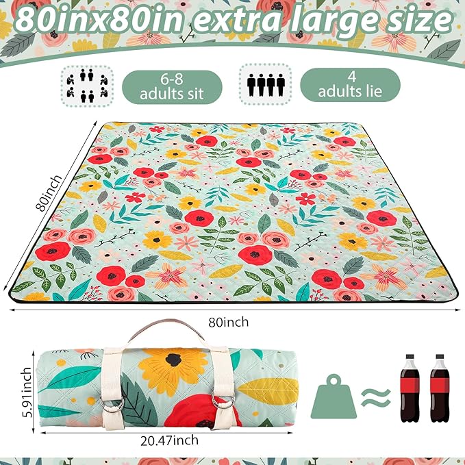 Beach Picnic Blanket Waterproof Sandproof Outdoor Blanket 80''x80'' Extra Large Floral Portable Machine Washable 3 Layer Thick Gingham Picnic Mat for Beach Camping Park Grass(Green)