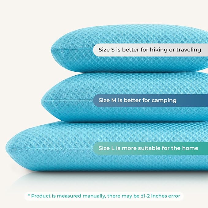 Travel Pillow Memory Foam Pillows, Camping Pillow-Compressible Medium Firm, Breathable Cover, Ideal Backpacking Hiking, Bed Pillows, Airplane and Car (Light Blue, S)