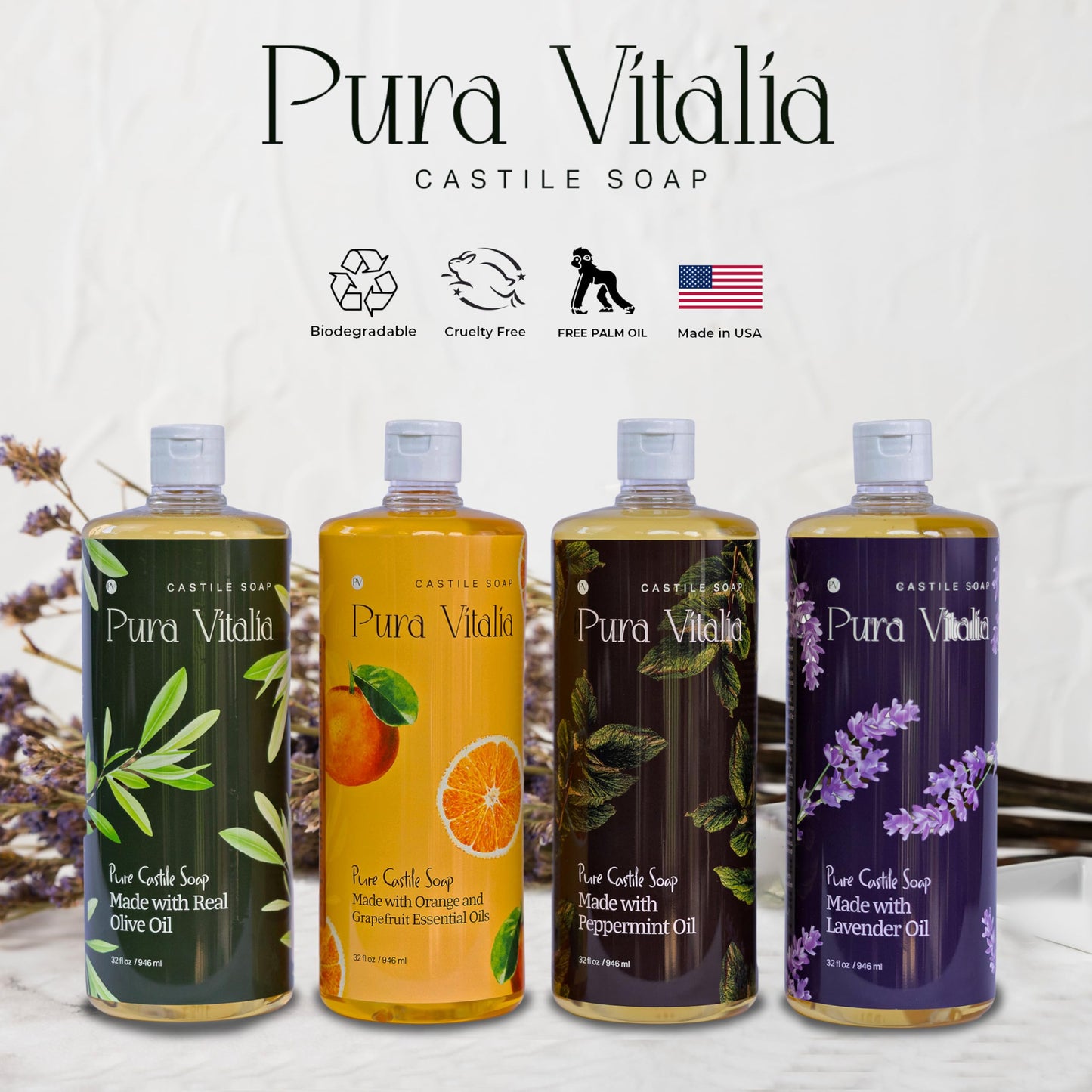 Pura Vitalia Lavender Organic Castile Soap | Body Wash & Cleanser for Face & Hands | Biodegradable, Eco-Friendly, Palm Oil Free, Vegan & Gentle | Made with 6 Natural Ingredients - 32 oz