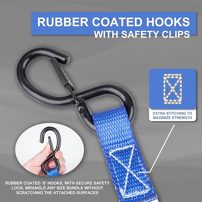 Cartman Ratchet Tie Down Straps 4PK 2,000lb Max Break Strength with Premium 1" x 15' Rachet Tie Downs with Padded Handles, 4PK 1" x 18" Soft Loop for Moving, Securing Cargo