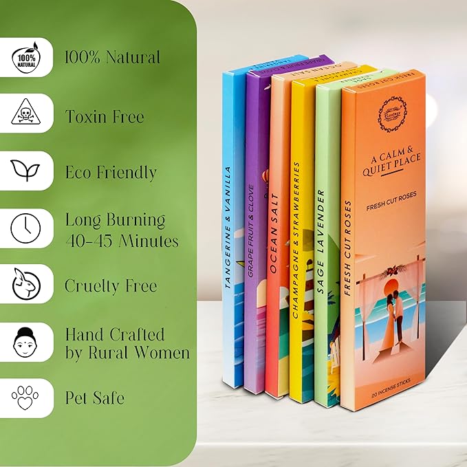 Raajsee Incense Sticks Natural, Set of 6 Organic Incents –120 Insence-Sticks with Holder– Aromatherapy Gifts, Non Toxic Clean Burning for Spiritual Cleansing – Ocean Salt, Grape Fruit Clove, Sage
