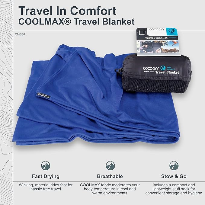 cocoon - Coolmax Travel Blanket | Compact Throw Blanket for Camping and Hiking | Fits in Backpack | Attaches to Luggage | Travel Essential | Fast Drying (Regular 70" x 55")