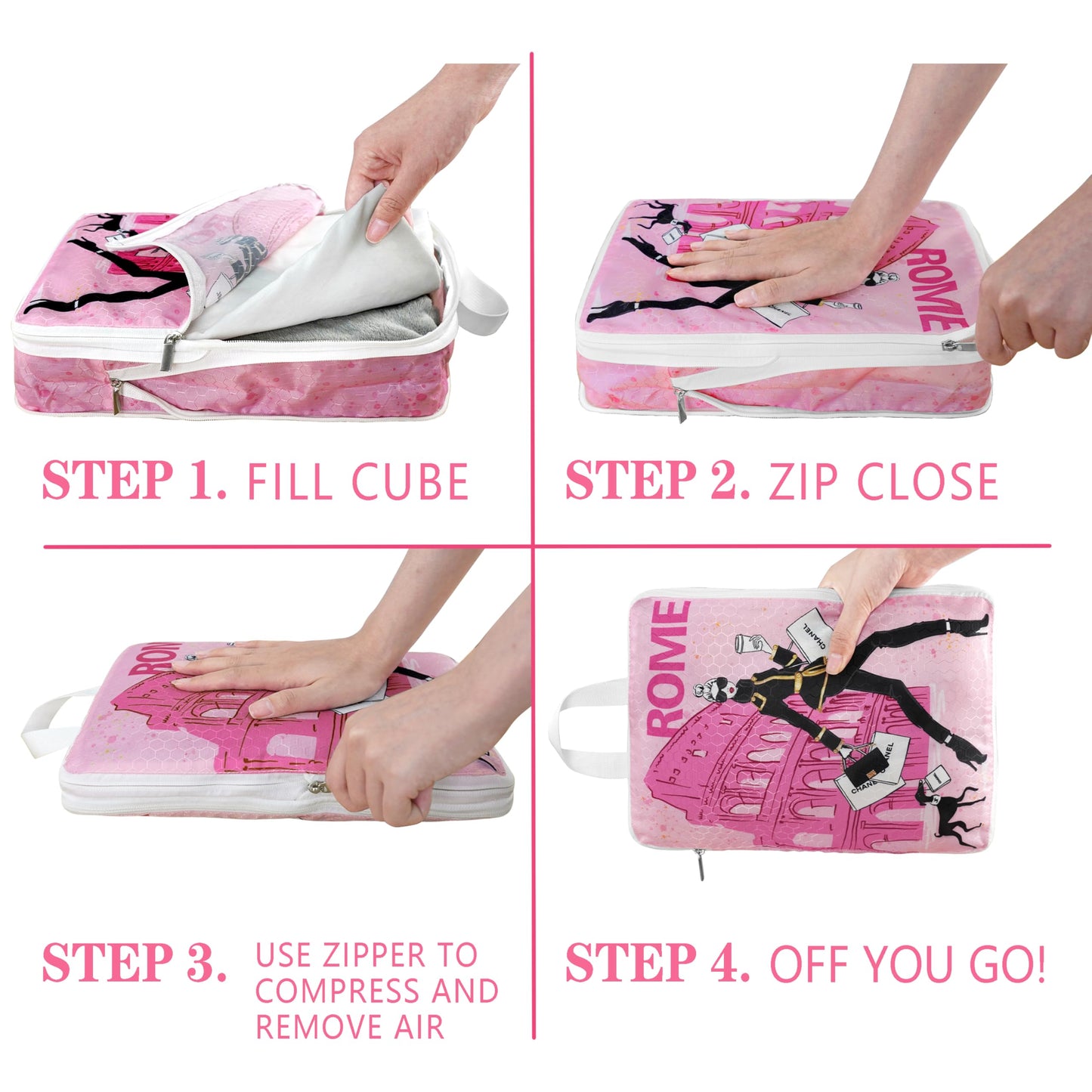 Compression Packing Cubes for Travel, 6 Set Pink Fashion Luxury Girly Luggage Organizers, Lightweight Waterproof Expandable/Compression Bags Smell Proof Travel Packing Cubes for Suitcases