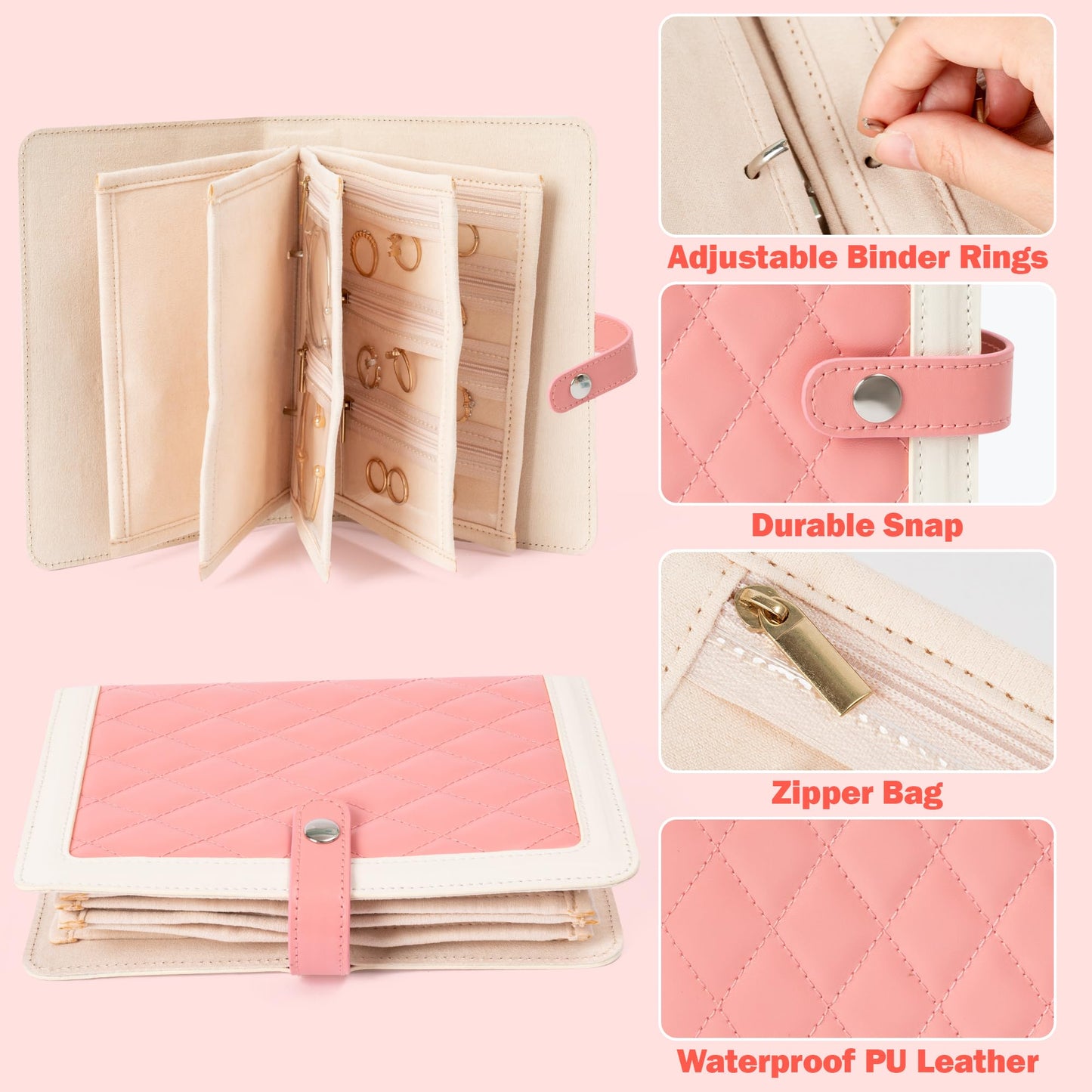 FurUlixty Jewelry Travel Organizer Case -5 Pouch Jewelry Roll for Necklaces, Rings, Earrings Jewelry Storage Ring Binder PU Leather for Women (Beige & Pink)