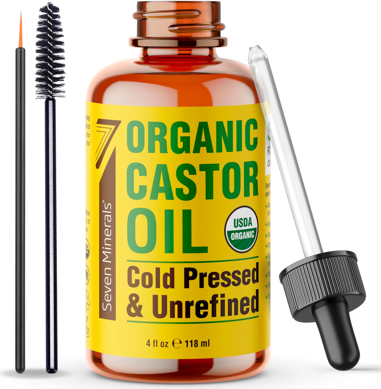 Seven Minerals 4oz Organic Castor Oil for Eyelashes, Eyebrows, Face & Hair Growth - Glass Bottle, Cold Pressed & Hexane Free - 100% Pure - Hydrates & Boosts Natural Hair, Ordinary Lash & Brow Growth