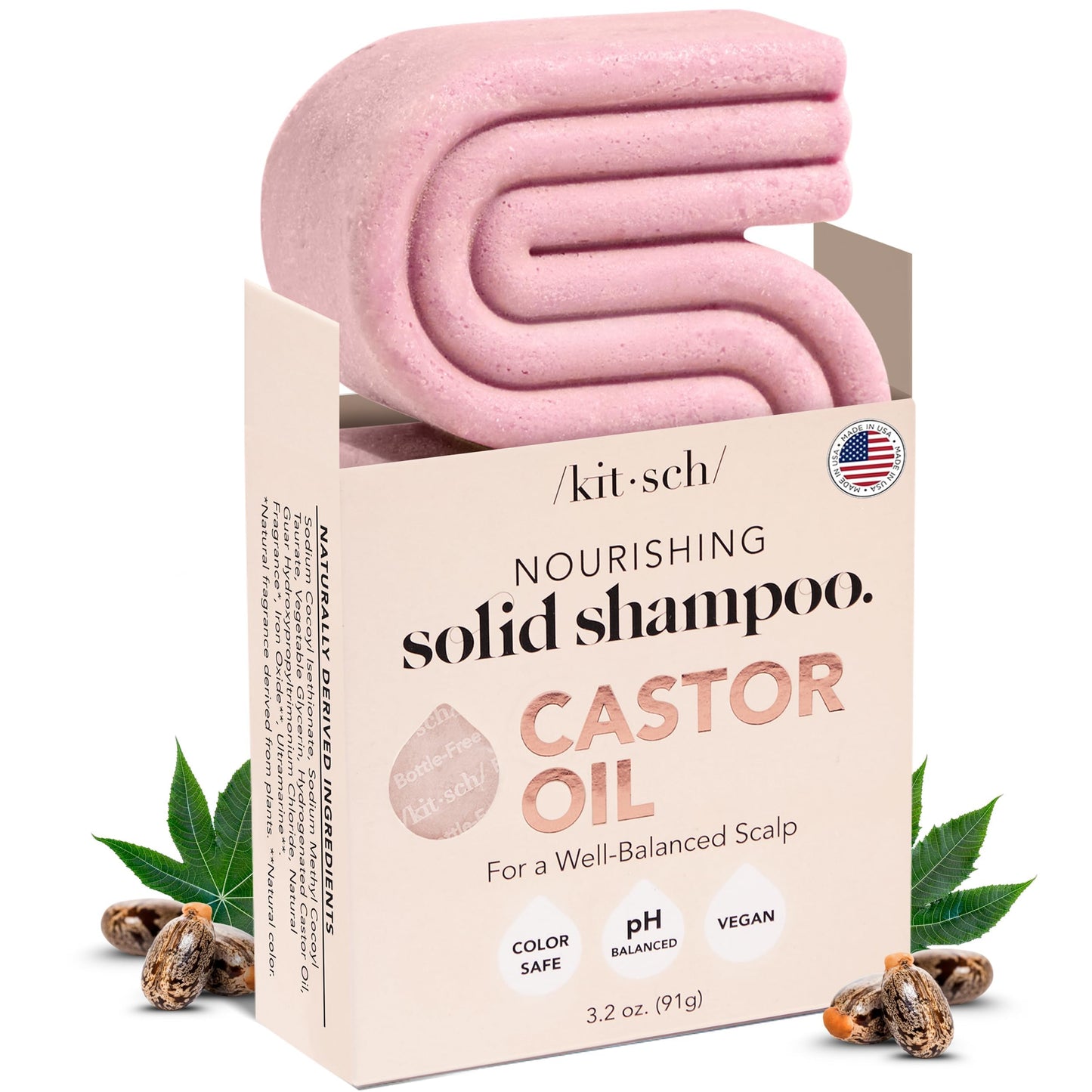 Kitsch Castor Oil Shampoo Bar Soap - Hydrating & Moisturizing Hair Care - Organic Castor Oil Solid Shampoo for Hair Growth & Scalp Nourishment - Silicone & Paraben-Free, Vegan, Made in USA - 3.2oz