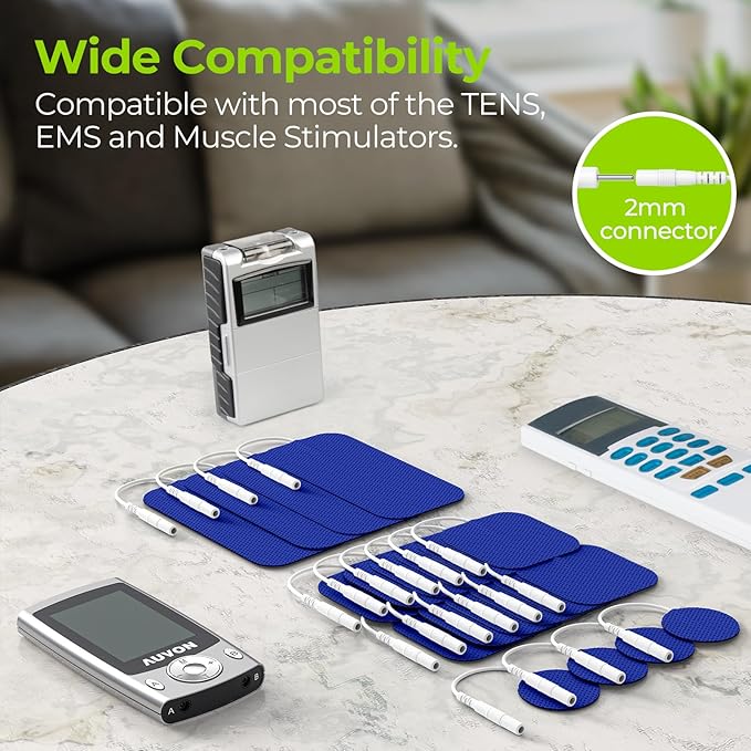 AUVON TENS Unit Replacement Pads Combination Set, 20 Packs Multiple Sizes Electrodes for TENS Unit, Reusable and Latex Free Pigtail TENS Pads for Multiple Pain Relief (2mm Connector) (Blue)