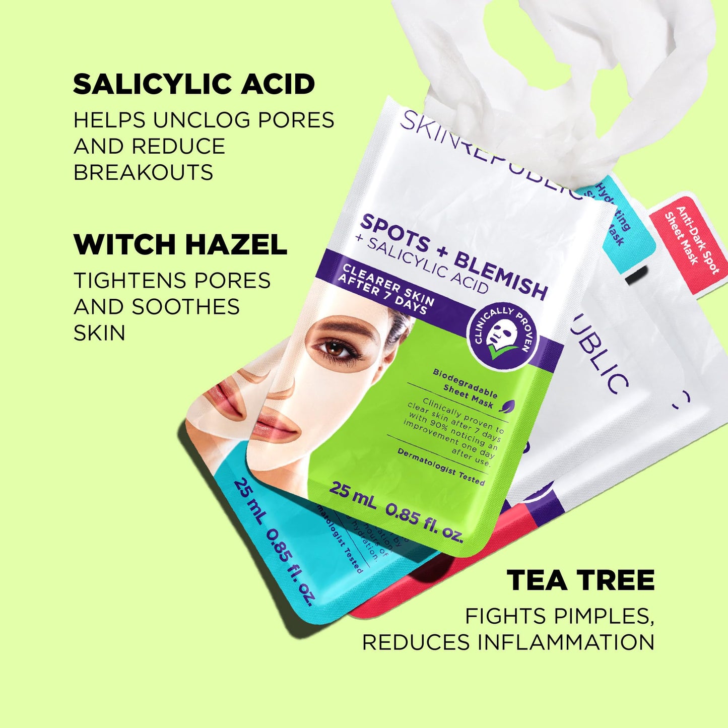 Skin Republic Spots + Blemish Sheet Mask. Clinically Proven to Reduce Pimples Skin in 7 Days. Made in Korea. 3 Pack.