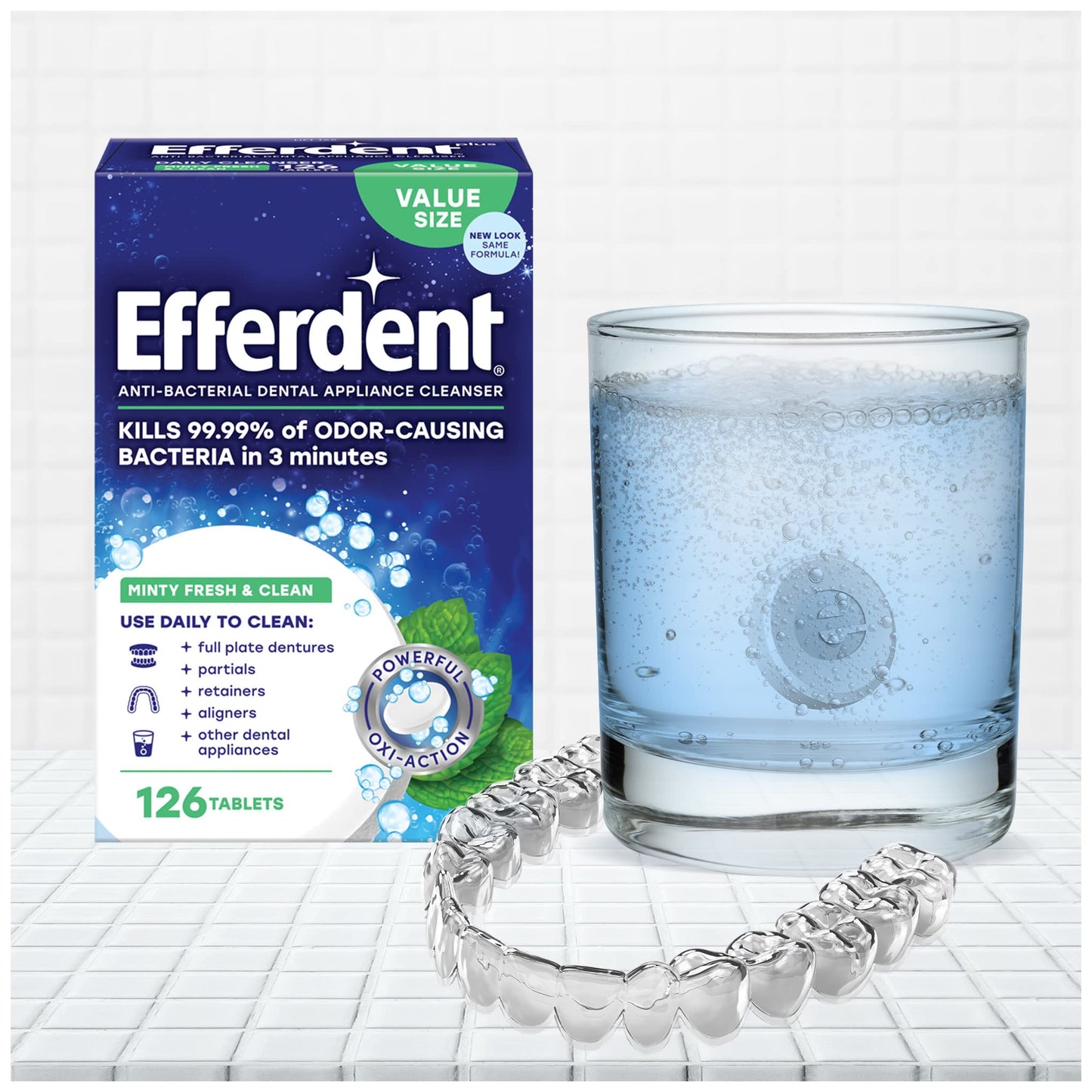 Efferdent Denture Cleaner Tablets – Dental Appliances, Aligners, Mouth Guard, and Retainer Cleaner Tablets, Minty Fresh & Clean, 90 Count